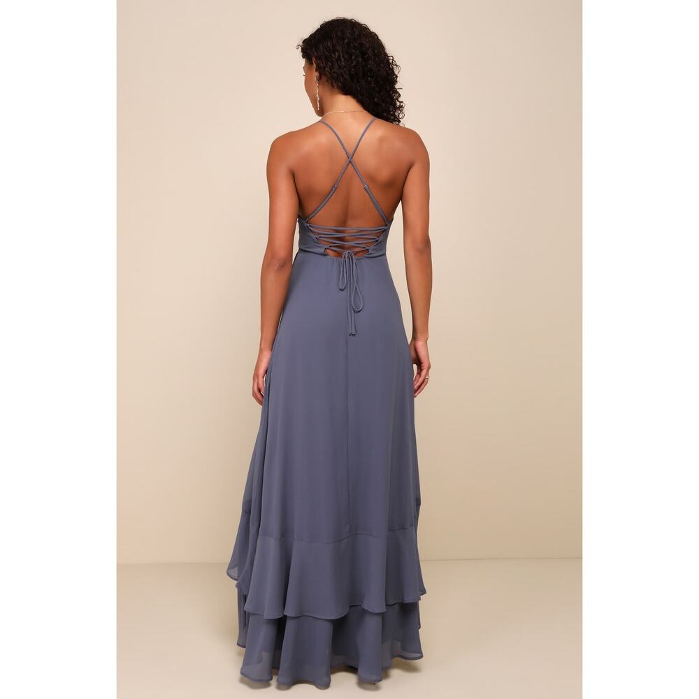 NWT Lulus In Love Forever Granite Blue Lace-Up High-Low Maxi Dress Party Sz M - Picture 4 of 12